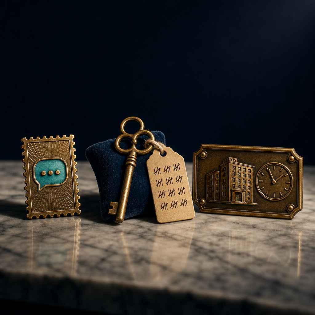 Three vertical glowing teal pillars representing rental categories: per-code, monthly, business