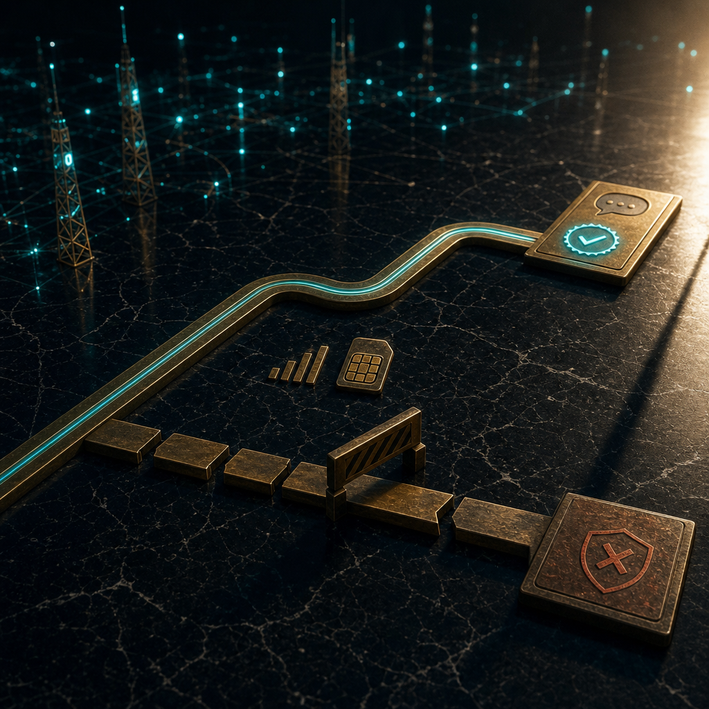Two parallel telecommunications routing tracks: one clean non-VoIP path with teal seal, one rejected VoIP path with rust-red barrier