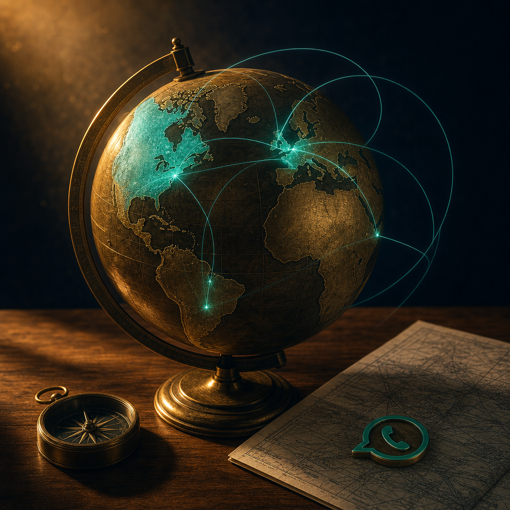 Antique brass globe on walnut desk with US UK and Netherlands regions glowing teal and flight paths between continents