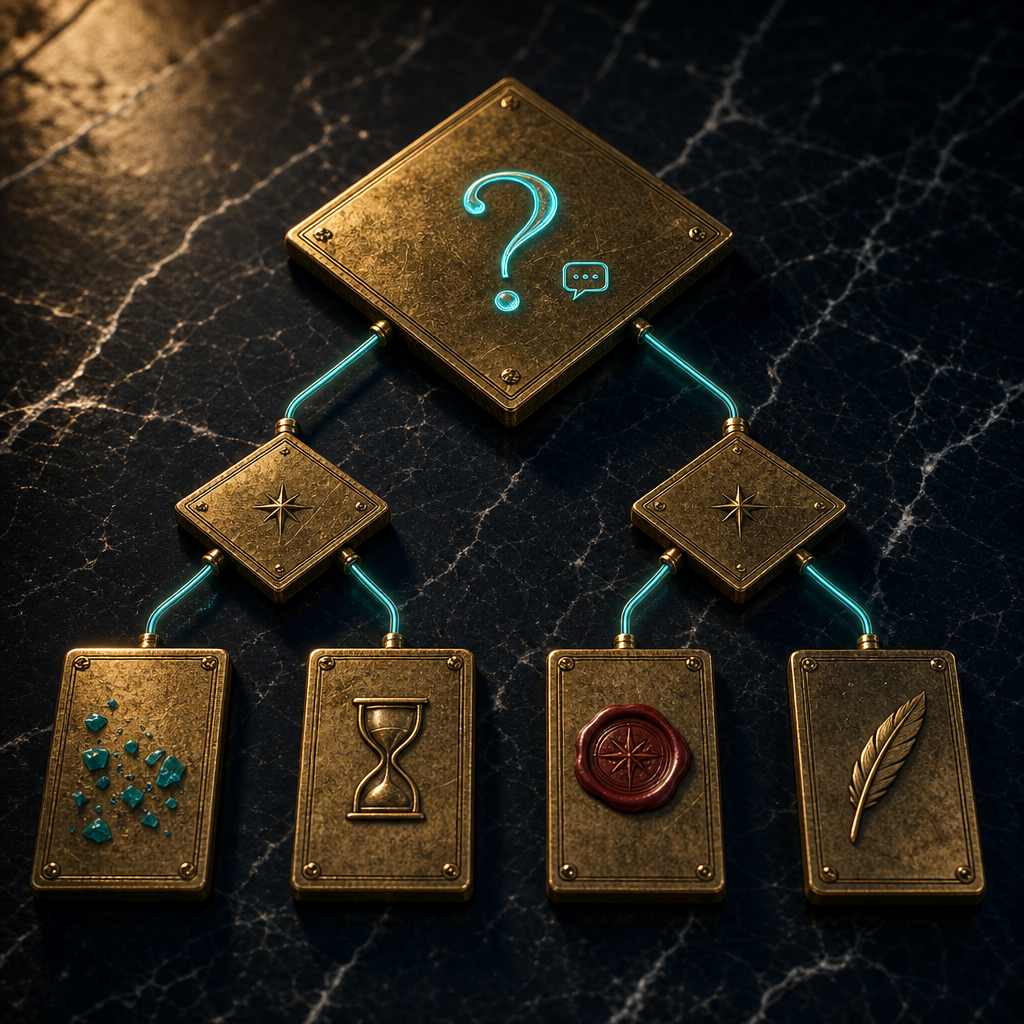 Brass plaques arranged in a flowchart pattern on black marble representing a decision tree