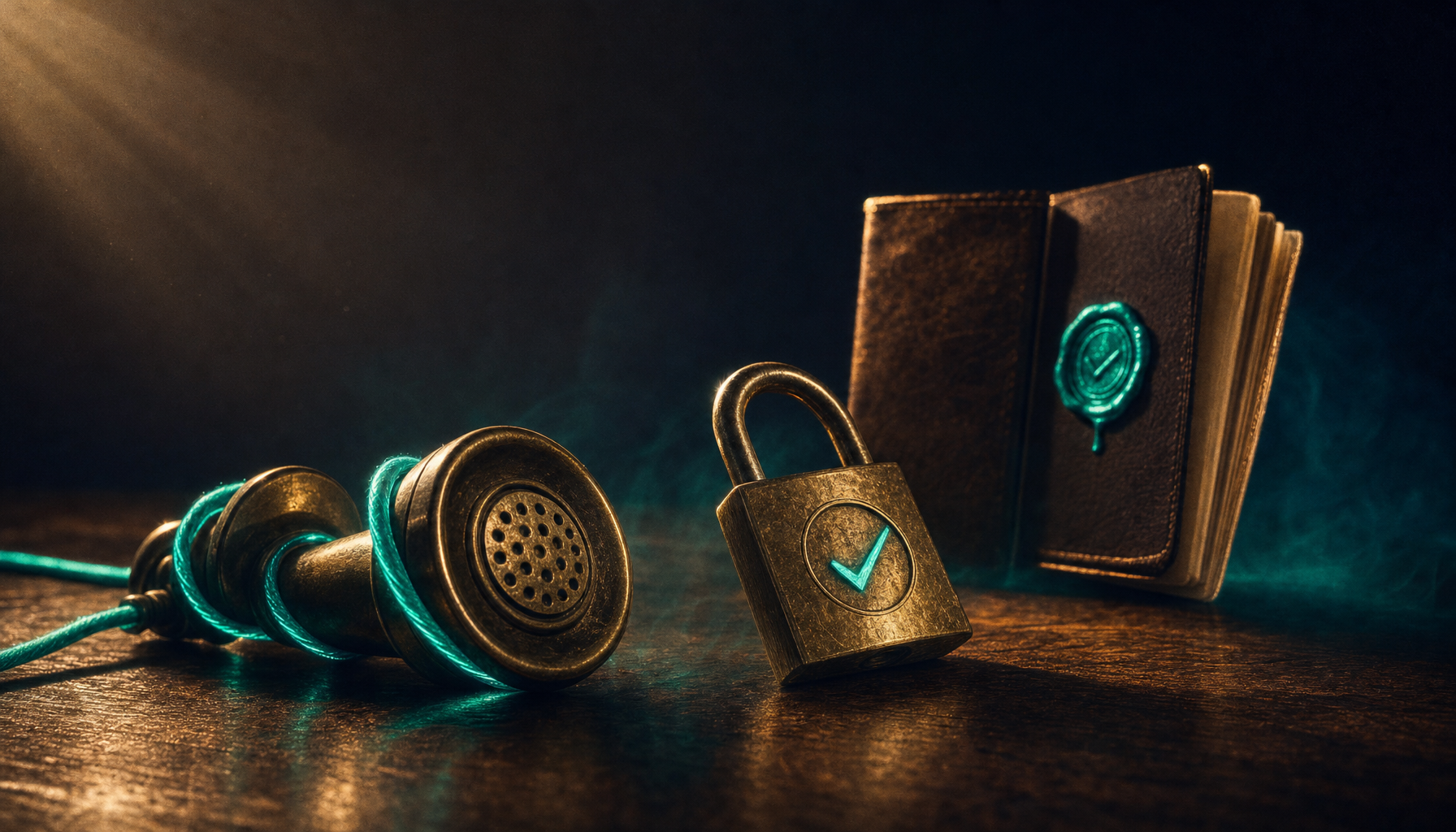 Vintage brass telephone receiver wrapped in glowing teal cord with brass padlock and leather booklet on dark walnut desk