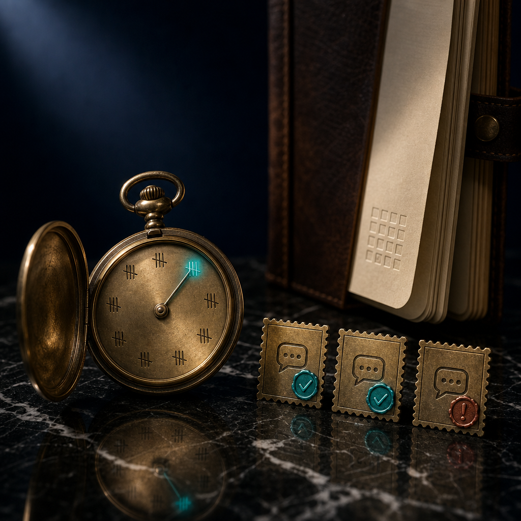 Vintage brass pocket watch with seven tally marks alongside three brass plaques showing approval and rejection seals