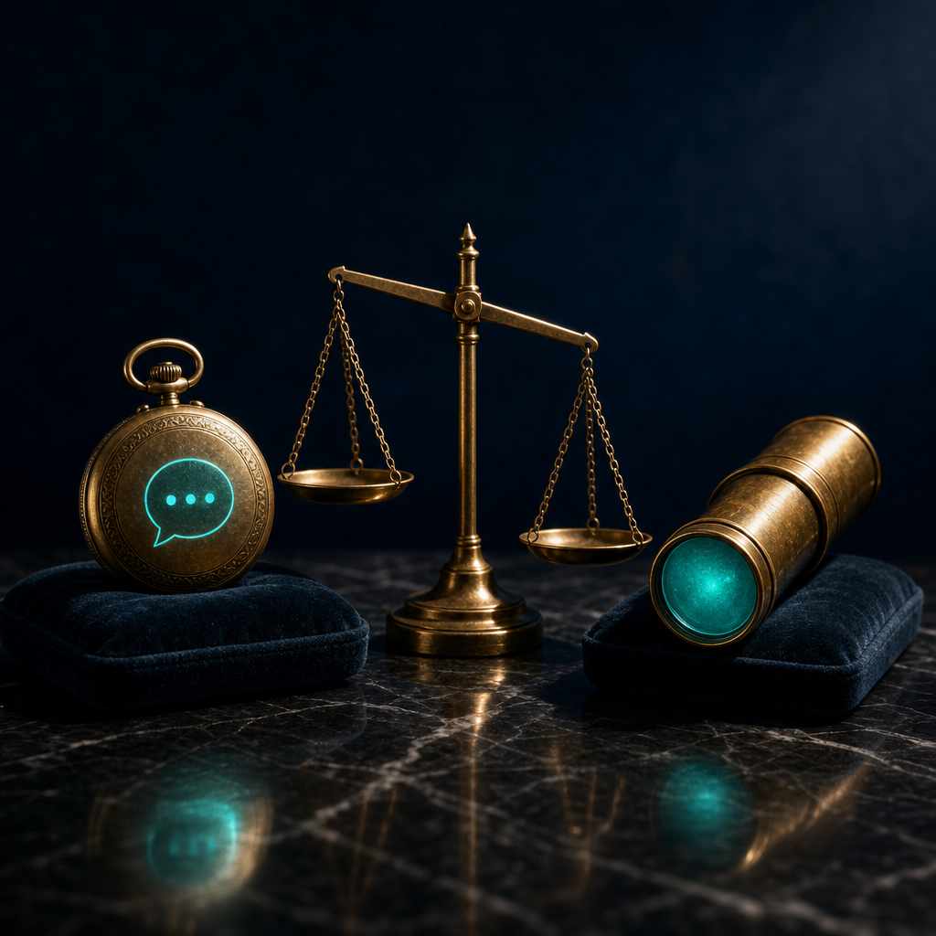 Brass pocket watch with chat-bubble face beside brass spyglass on velvet cushions, balance scale between them