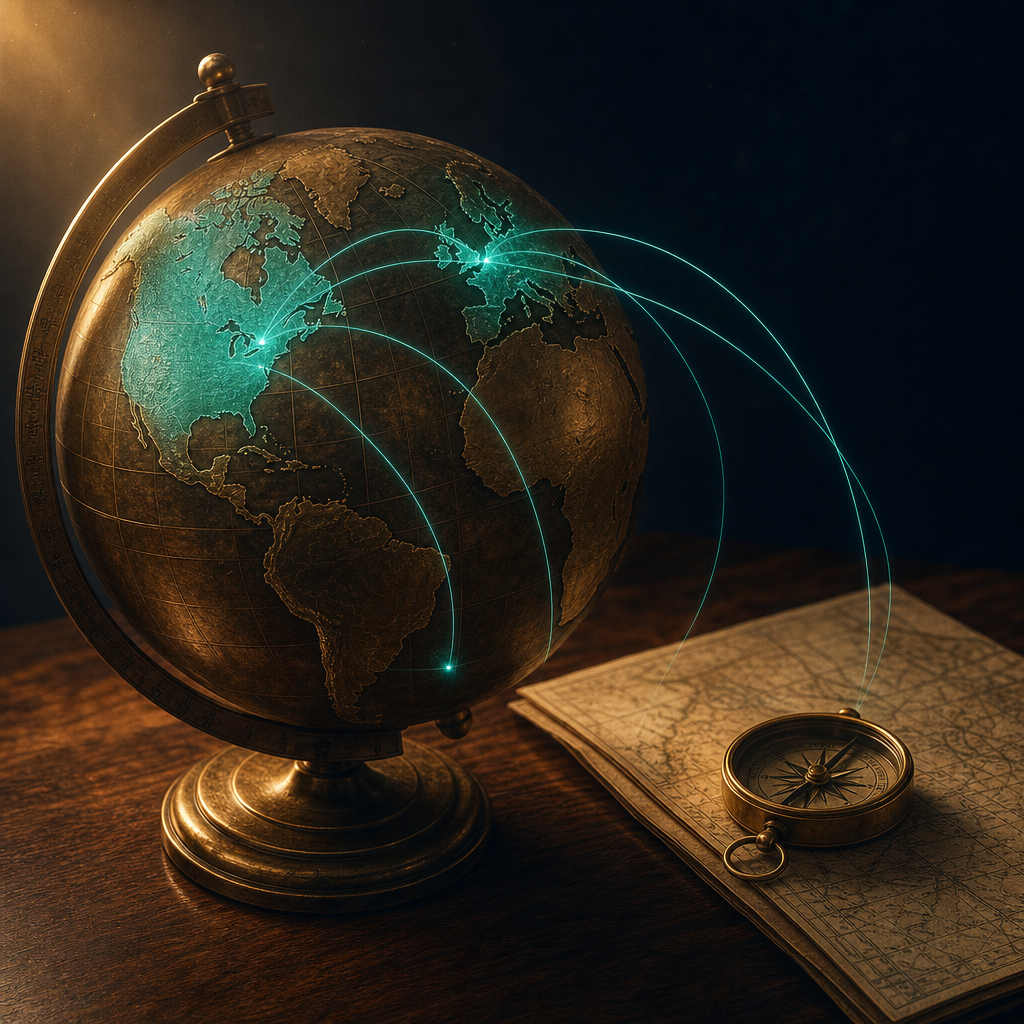 Antique brass globe on walnut desk with US UK and Netherlands regions glowing teal and flight paths between continents