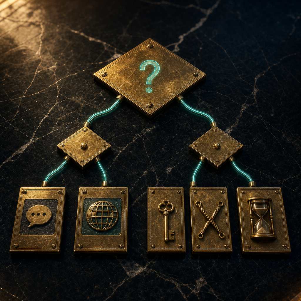 Brass plaques arranged in a flowchart pattern on black marble representing a five-leaf decision tree