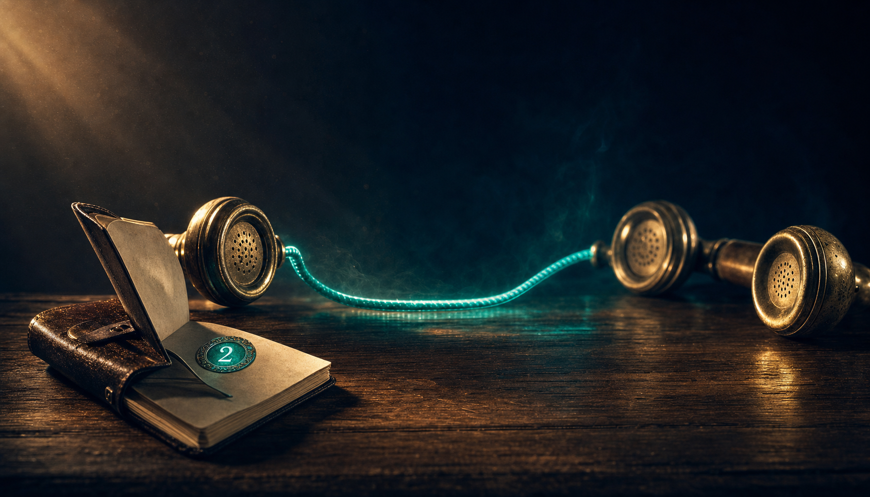 Two vintage brass rotary telephone receivers facing each other connected by a glowing teal cord on dark walnut desk