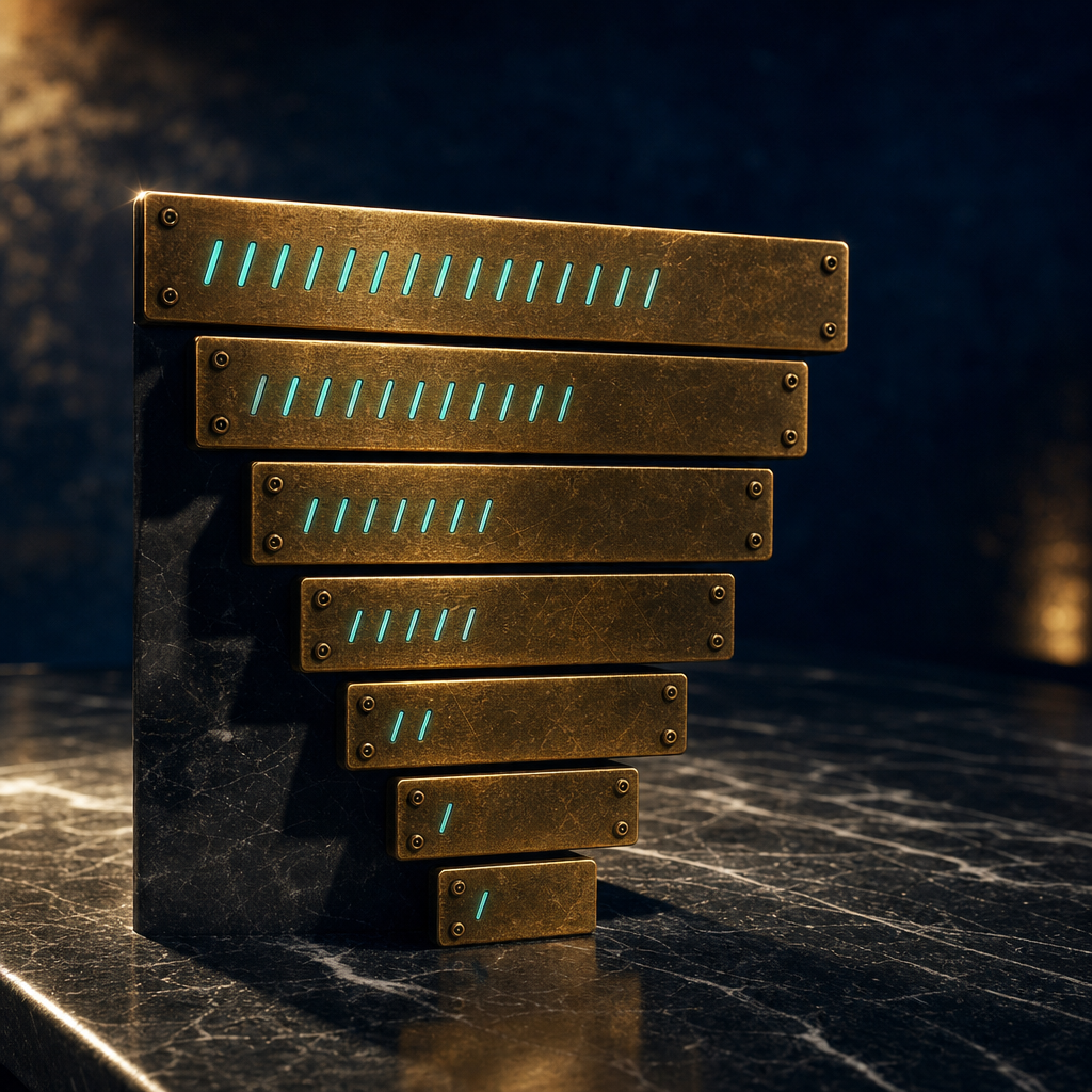 Seven brass plaques arranged vertically descending in height, each etched with glowing teal scoring marks