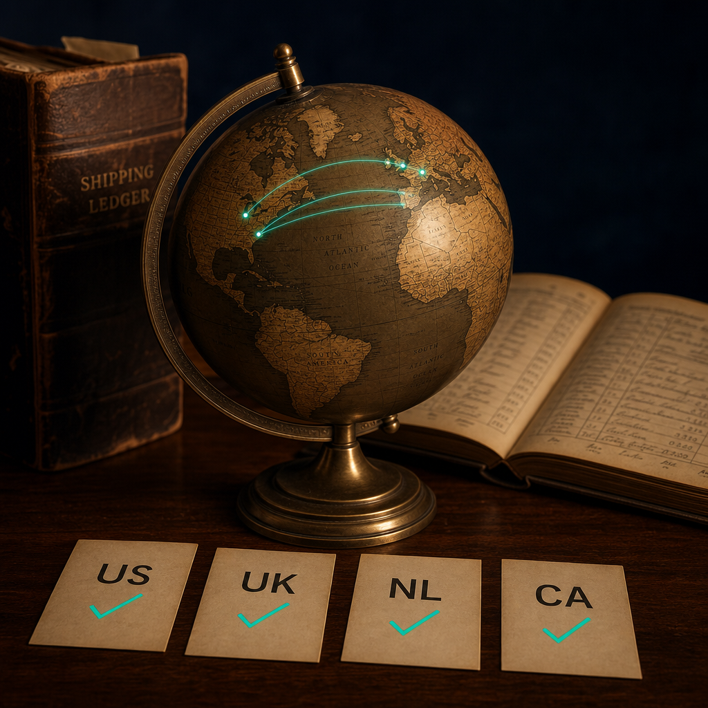 Vintage brass world atlas globe with teal connection arcs between US UK NL CA, four paper cards stamped with country codes each with teal checkmarks, leather-bound shipping ledger behind