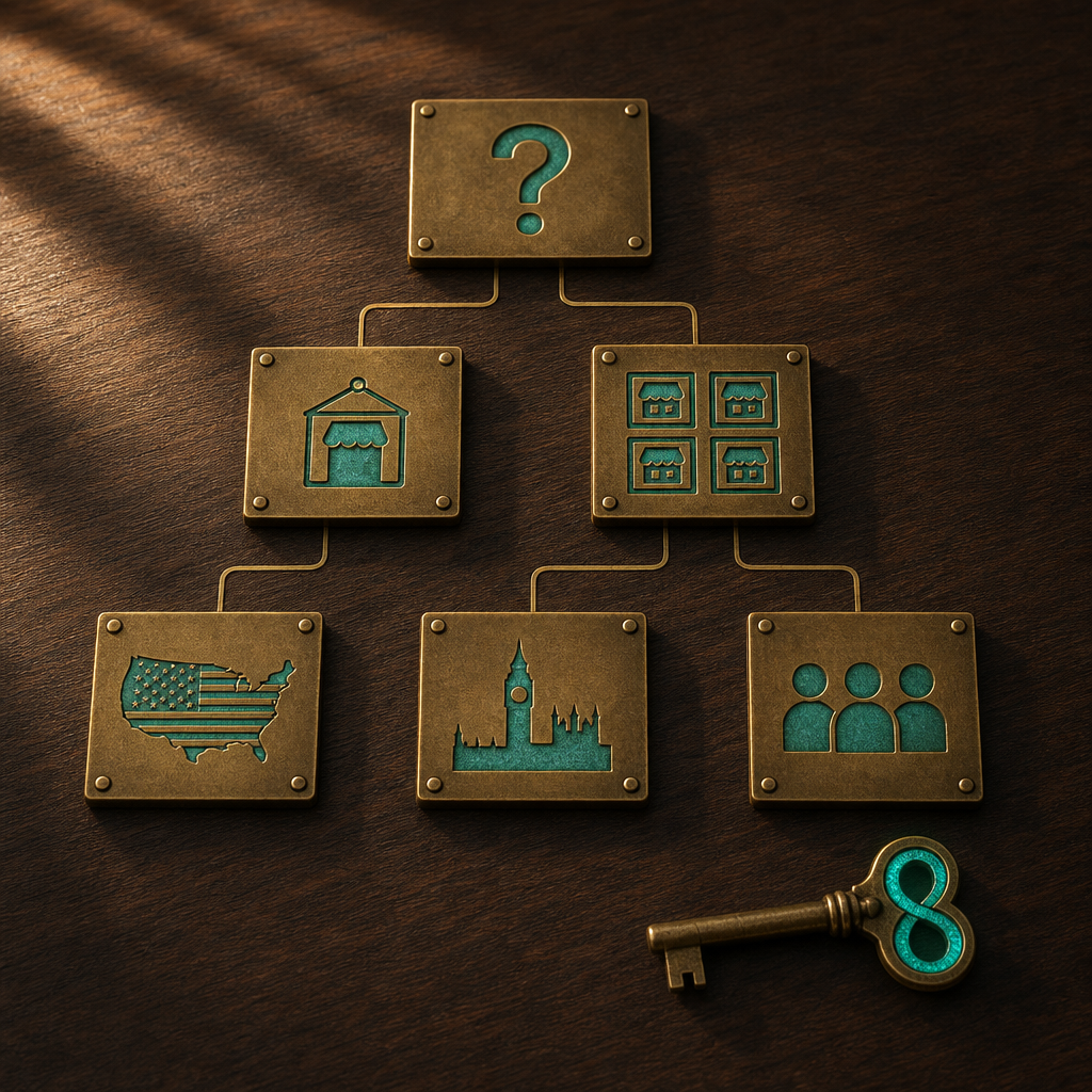 Walnut desk with five brass plaques flowchart connected by warm-bronze inlay, top plaque question mark, branches single-marketplace pendant and multi-marketplace grid, terminals US-flag UK-landmark team-of-three-figures, brass property-key with infinity loop in lower right