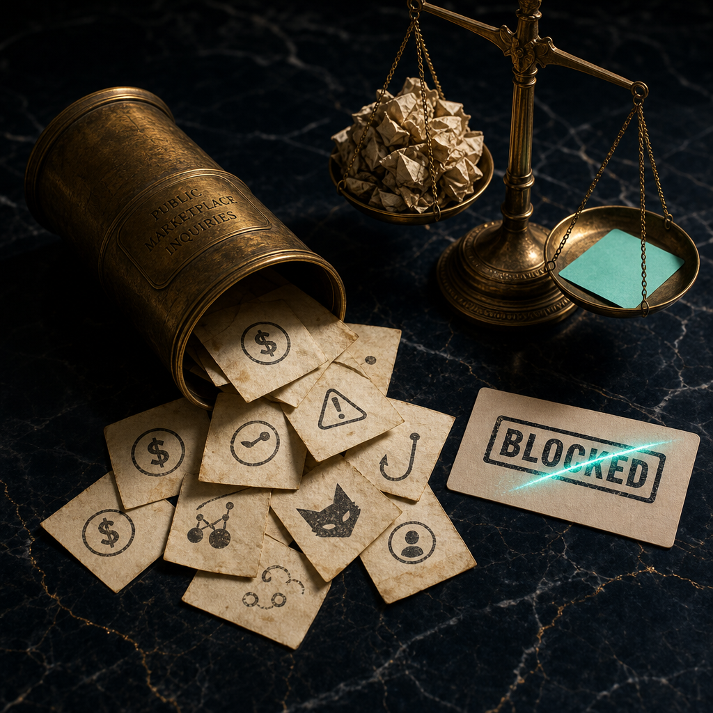 Antique brass mail tube spilling weathered paper notes stamped with abstract scammer symbols on black marble, BLOCKED stamped paper card with teal slash, brass weighing scale with crumpled paper vs single clean paper