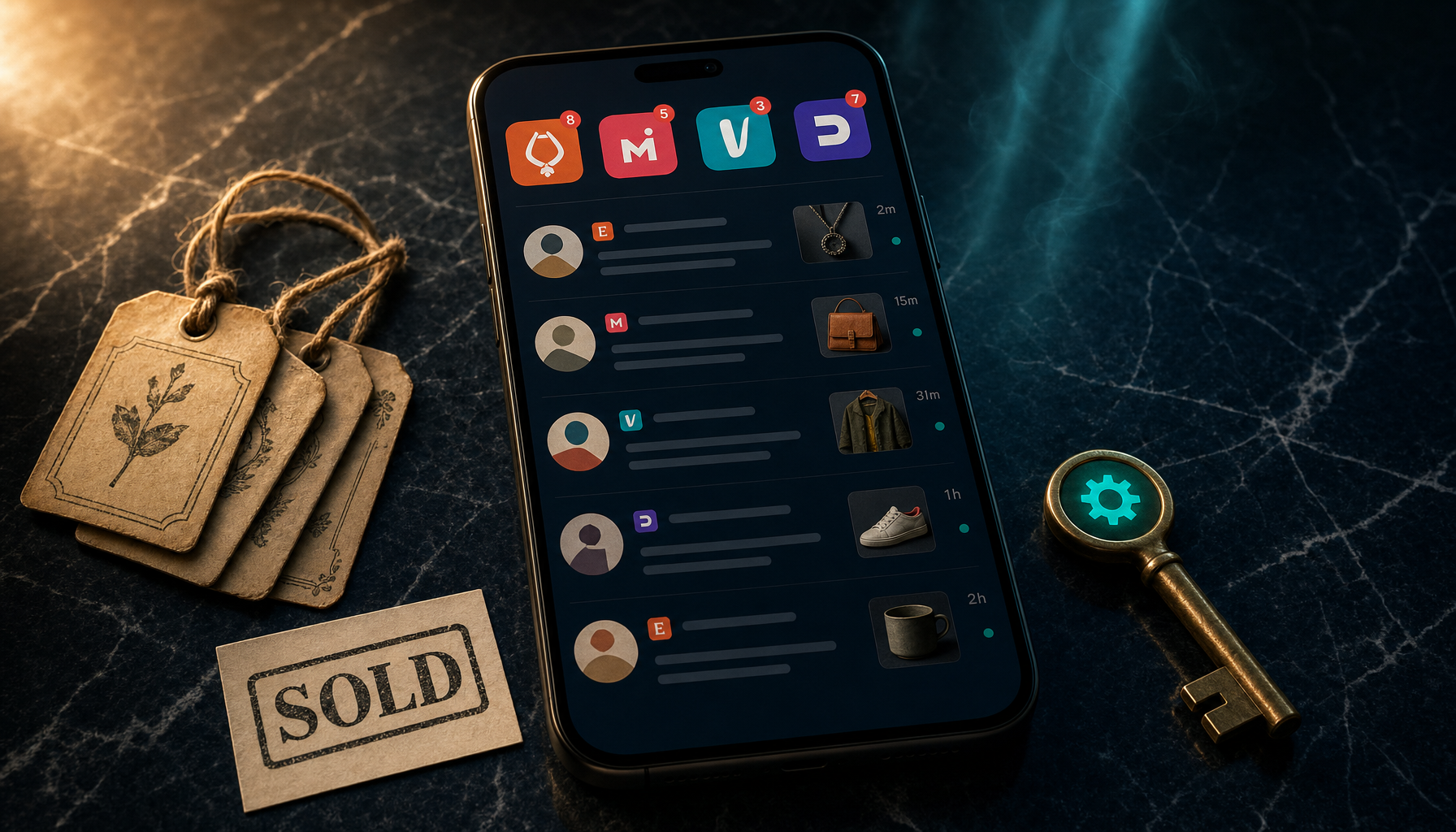 Modern smartphone on black marble showing multi-marketplace seller dashboard with four colored marketplace tabs Etsy Mercari Vinted Depop and chat list of buyer messages, paper price tags and SOLD card beside it, brass key with teal gear-symbol on opposite side