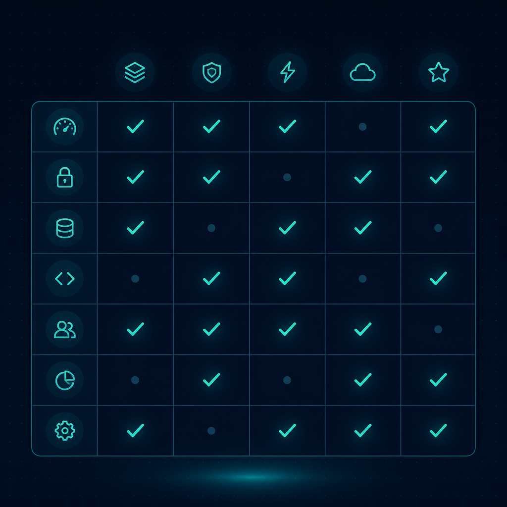 Comparison matrix grid with checkmarks across services and use cases
