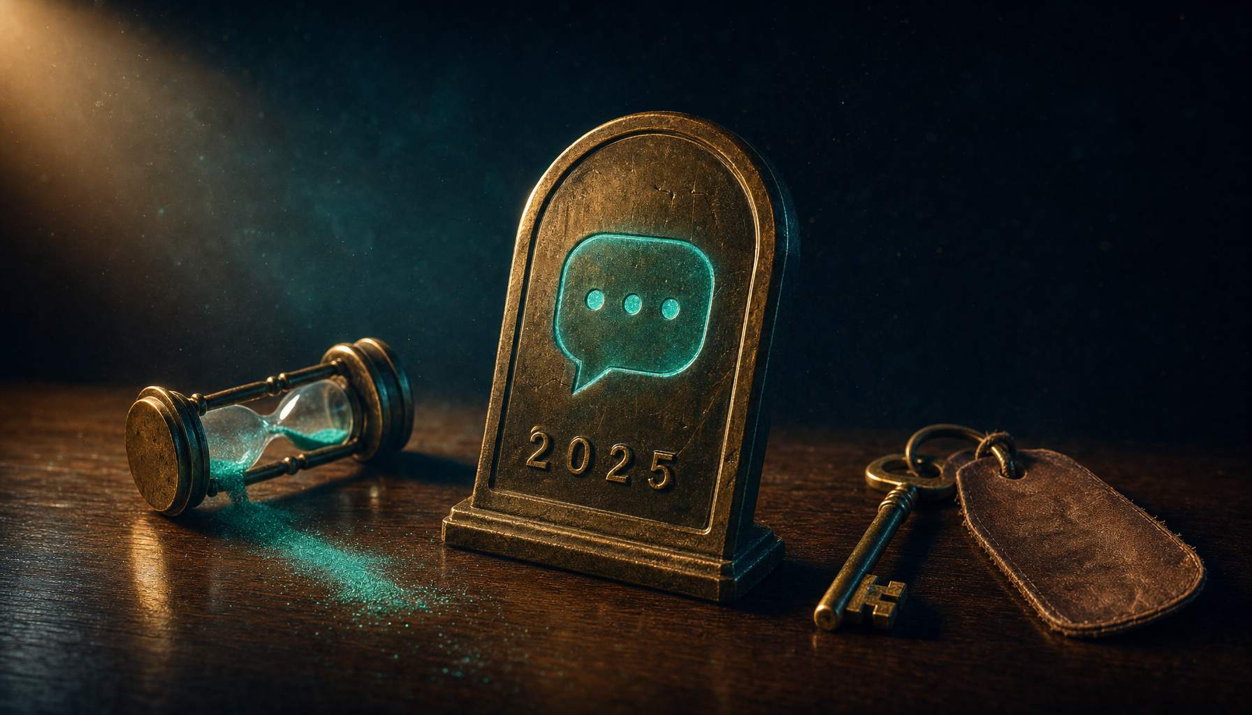 Vintage brass tombstone-shaped plaque with etched glowing teal SMS chat-bubble on dark walnut desk beside small brass hourglass laid on its side with sand spilled and brass key with faded leather tag