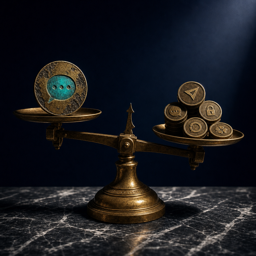 Vintage brass apothecary balance scale with single eroded SMS coin on left pan and stack of five smaller competitor coins on right pan, scale tipped toward the survivors