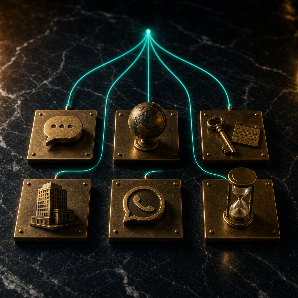 Six brass plaques in a 2x3 grid on black marble with brass connecting wires fanning out from a central exit point representing migration paths from SMS-Activate to surviving alternatives