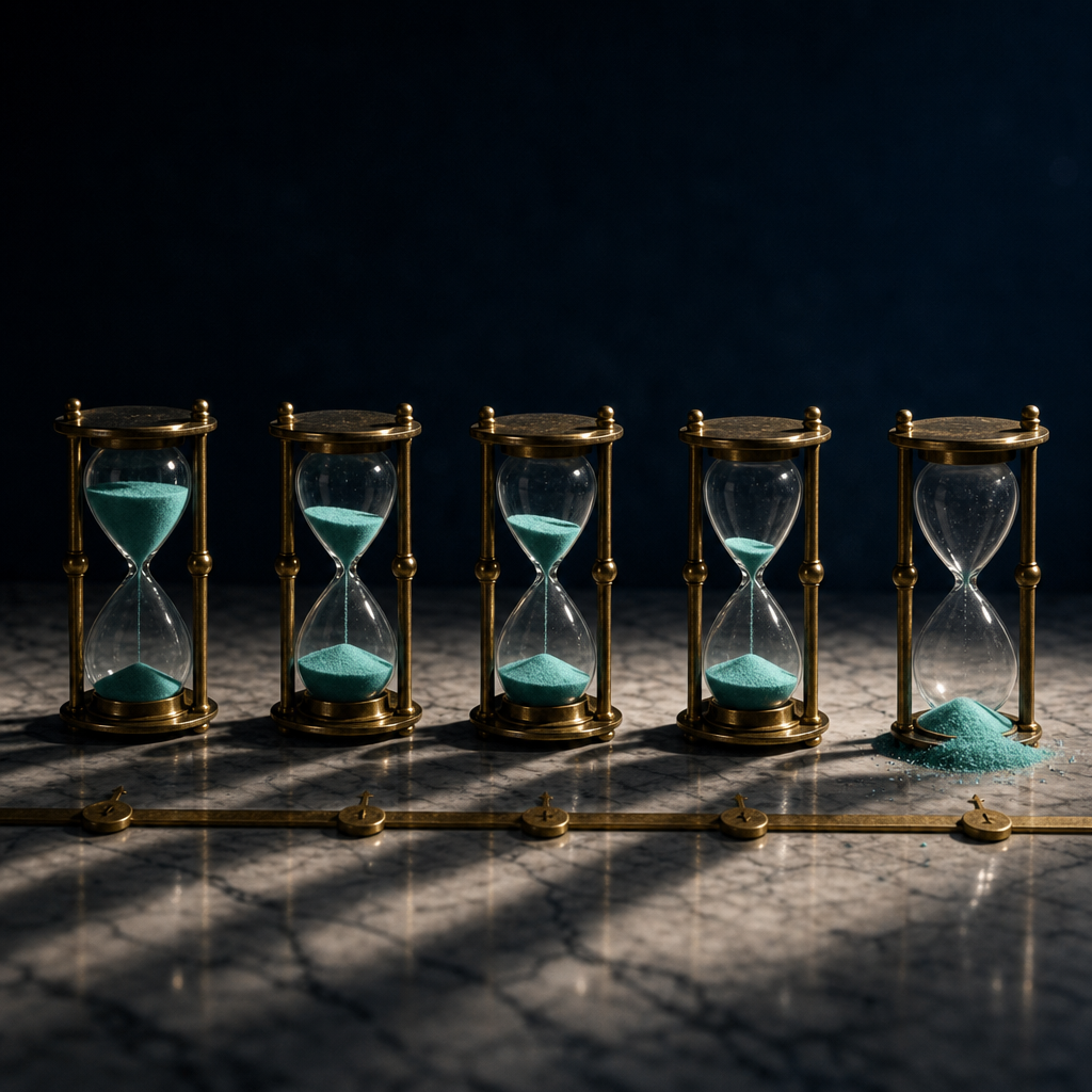 Five vintage brass hourglasses arranged in a horizontal line on marble, each progressively more drained showing the cascade of payment, supply, and regulatory pressures that led to the SMS-Activate shutdown