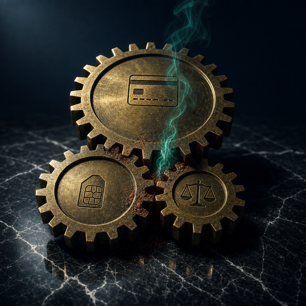 Three interlocked brass cogwheels jammed mid-rotation with rust-red corrosion between teeth representing the combination of payment processor, upstream supply, and regulatory pressures