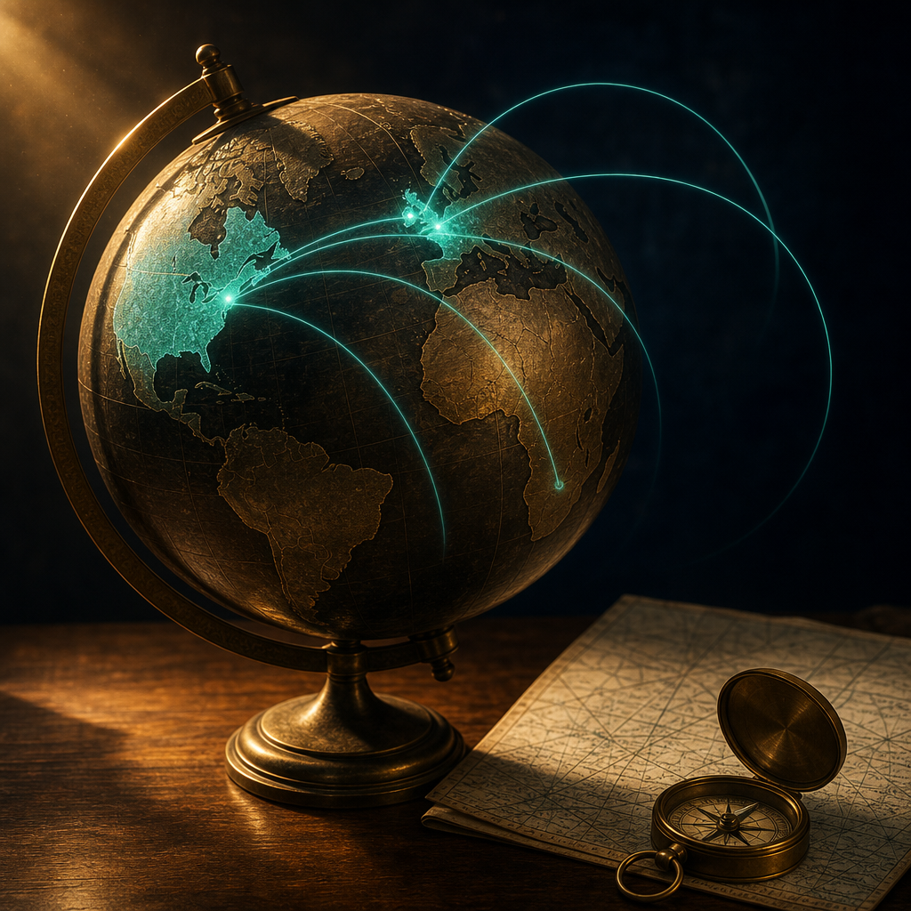 Antique brass globe on walnut desk with US UK and Netherlands regions glowing teal and flight paths between continents