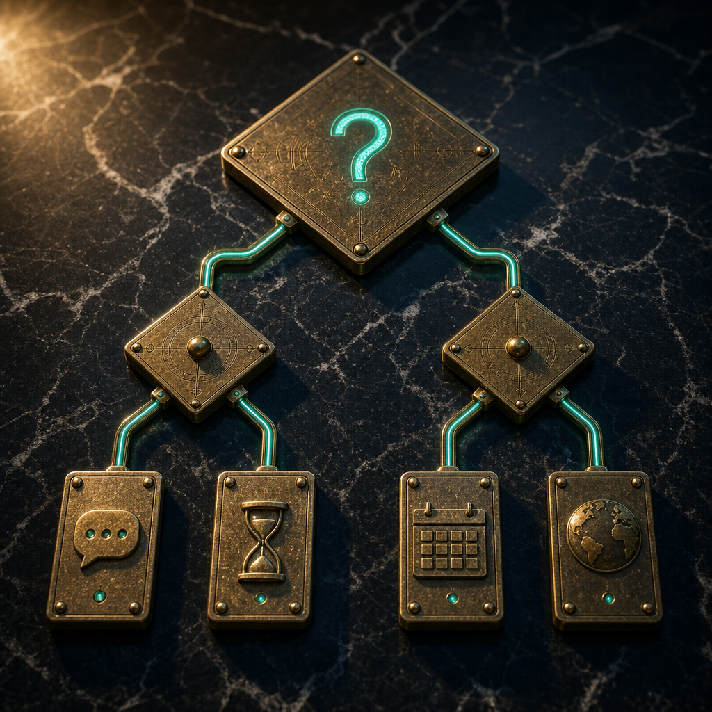 Brass plaques arranged in a flowchart pattern on black marble representing a decision tree with five outcome paths