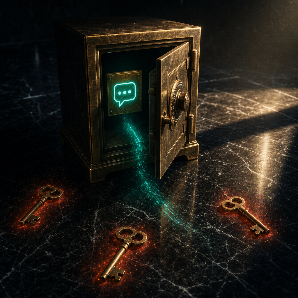 Brass safe with door ajar revealing a glowing teal SMS plaque inside, with three brass keys arranged around it suggesting public access risk