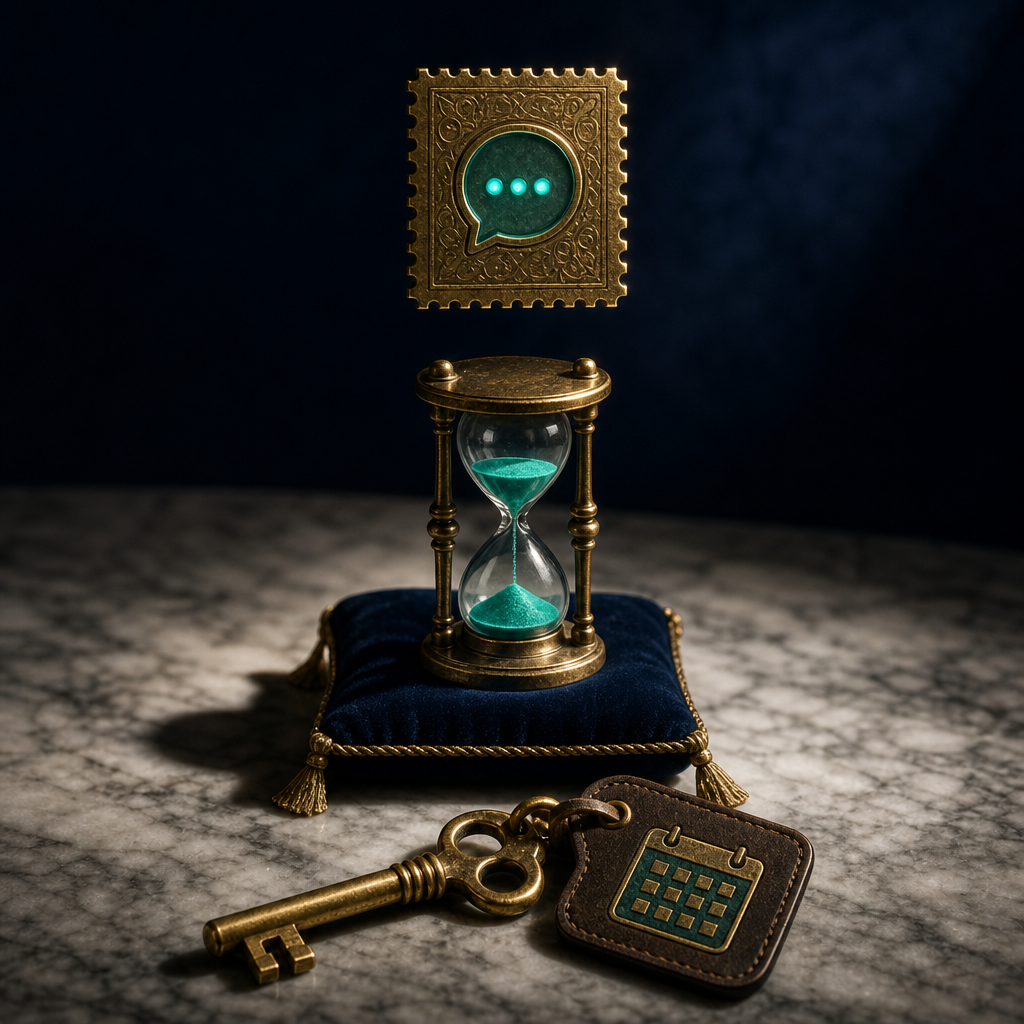 Three brass objects in a vertical column representing the three categories of temporary phone numbers: per-code stamp, hourglass for disposable, key with calendar tag for rental