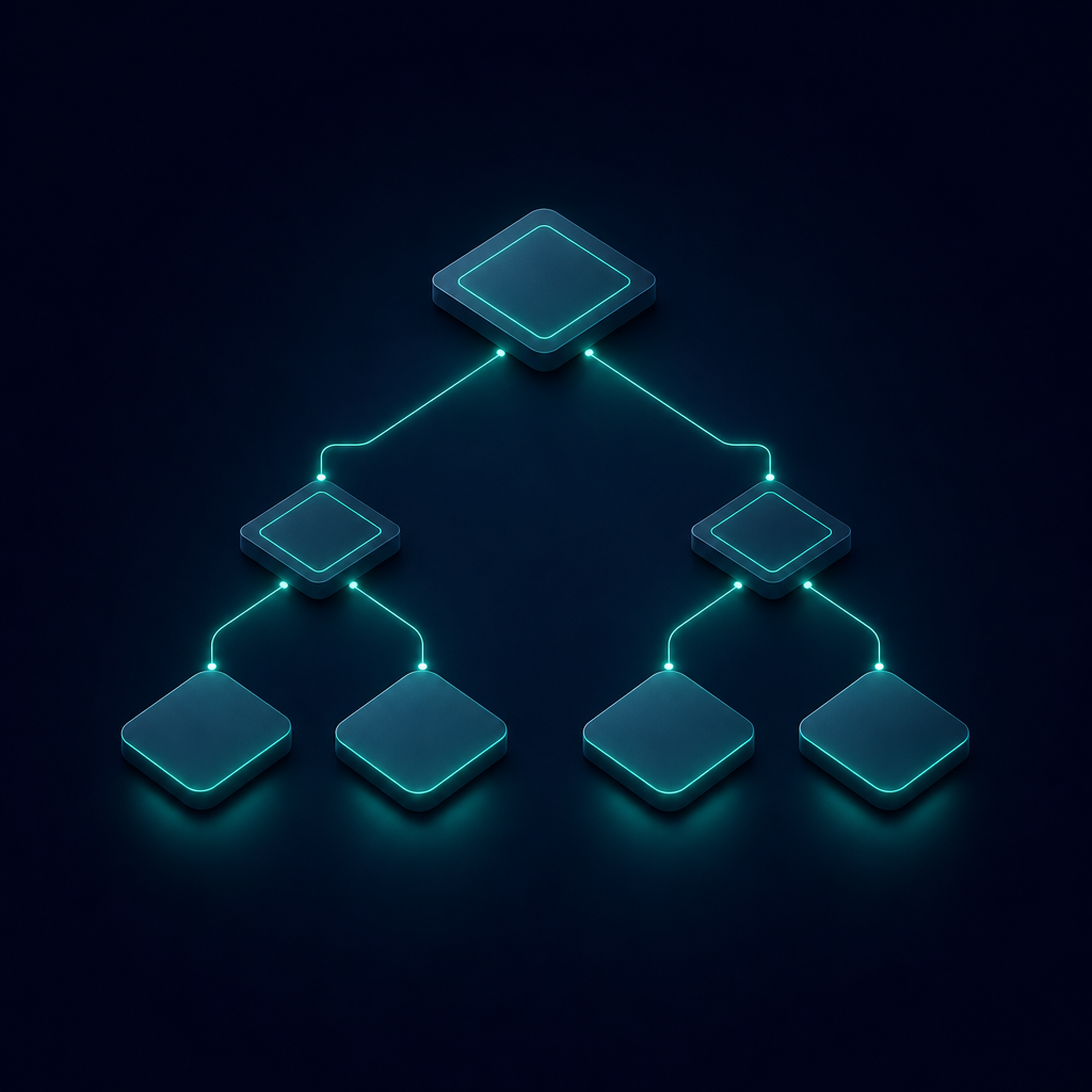 Isometric decision flowchart with diamond root and four glowing outcome nodes