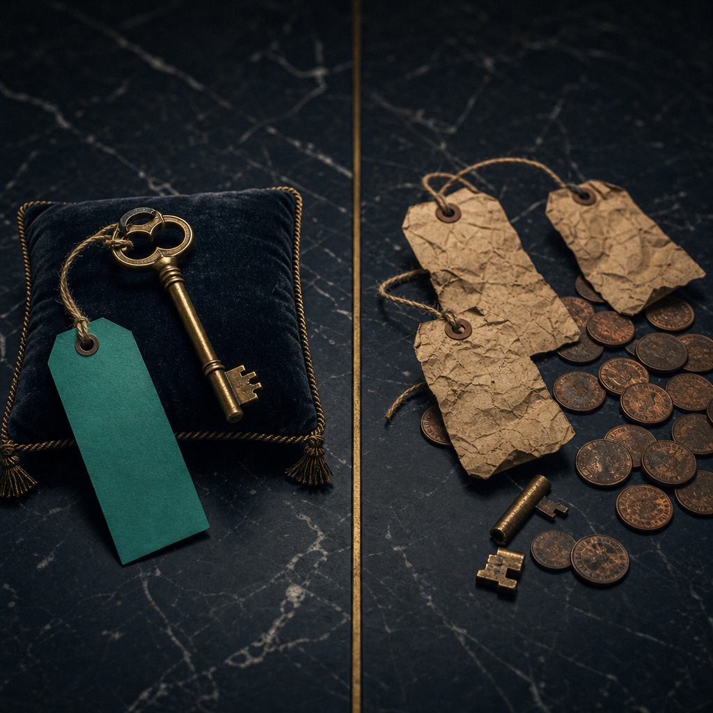 Black marble surface split by bronze line: left side single elegant brass key with clean tag glowing teal representing simple paid solution, right side scattered crumpled tags pennies and broken key fragment representing accumulated free app costs