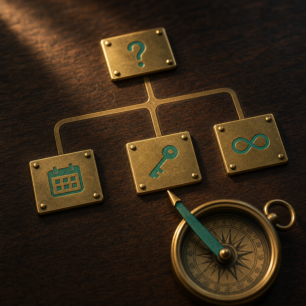 Walnut desk with four brass plaques arranged as flowchart connected by warm-bronze inlay tracks, top plaque etched with question mark, three branches showing calendar leaf for one-time, key for monthly, and infinity loop for lifetime, with brass compass needle pointing toward the key plaque