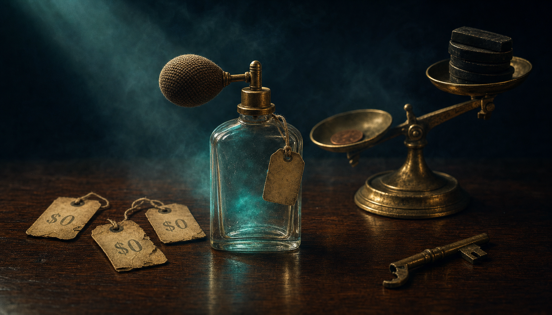 Vintage brass perfume atomizer empty inside on dark walnut desk with three faded paper price tags marked $0, a brass apothecary scale tipped heavily showing one penny outweighed by stack of dark items, and a broken brass key, symbolizing how free apps look like value but the bottle is empty