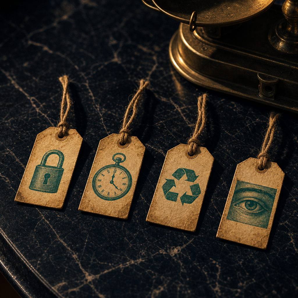 Four antique paper price tags on black marble each showing a different hidden cost icon: a tiny padlock for paywalled verification, a pocket watch for time wasted, a recycling stamp for number recycling, and a cropped vintage ad poster eye for harvested ad data