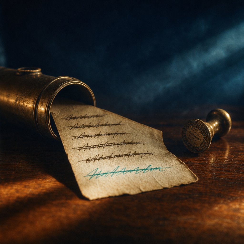 Antique brass mail tube on walnut desk with weathered paper note showing four crossed-out previous addresses and one fresh address in teal representing a phone number recycled from previous owners