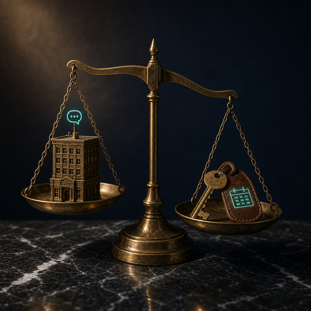 Brass apothecary balance scale on black marble with brass office building on left pan and brass key with calendar tag on right pan, scale tilted toward business side