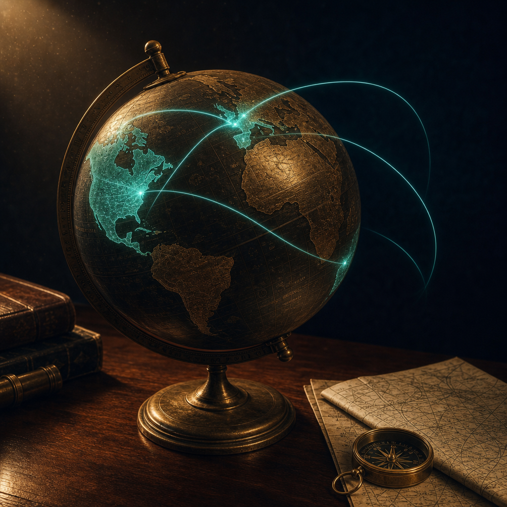 Antique brass globe on walnut desk with US UK and Netherlands regions glowing teal and flight paths between continents