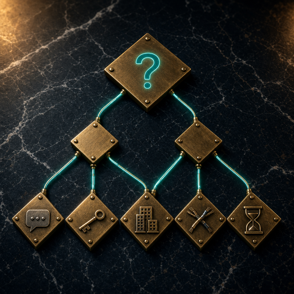 Brass plaques arranged in a flowchart pattern on black marble with five outcome paths including SMS, key, building, calling, and hourglass icons