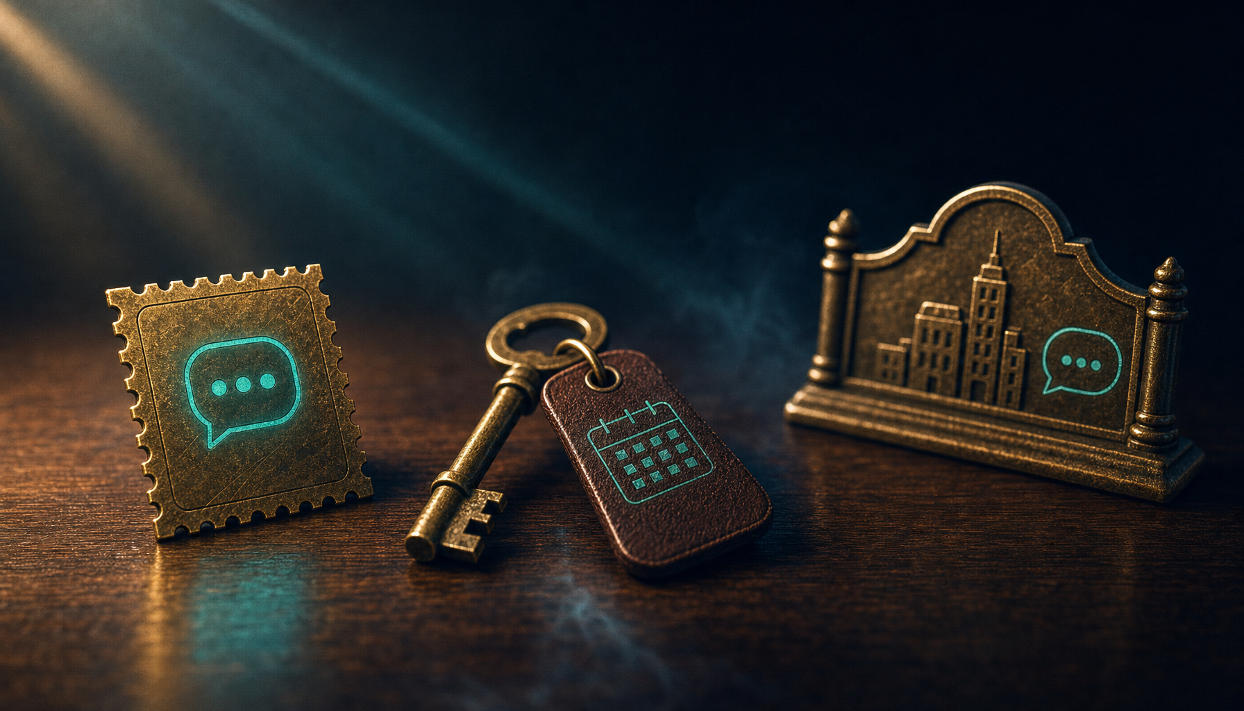 Three vintage brass objects on dark walnut desk: postage stamp with SMS icon, key with calendar tag, and business building plaque representing the three categories of virtual phone numbers