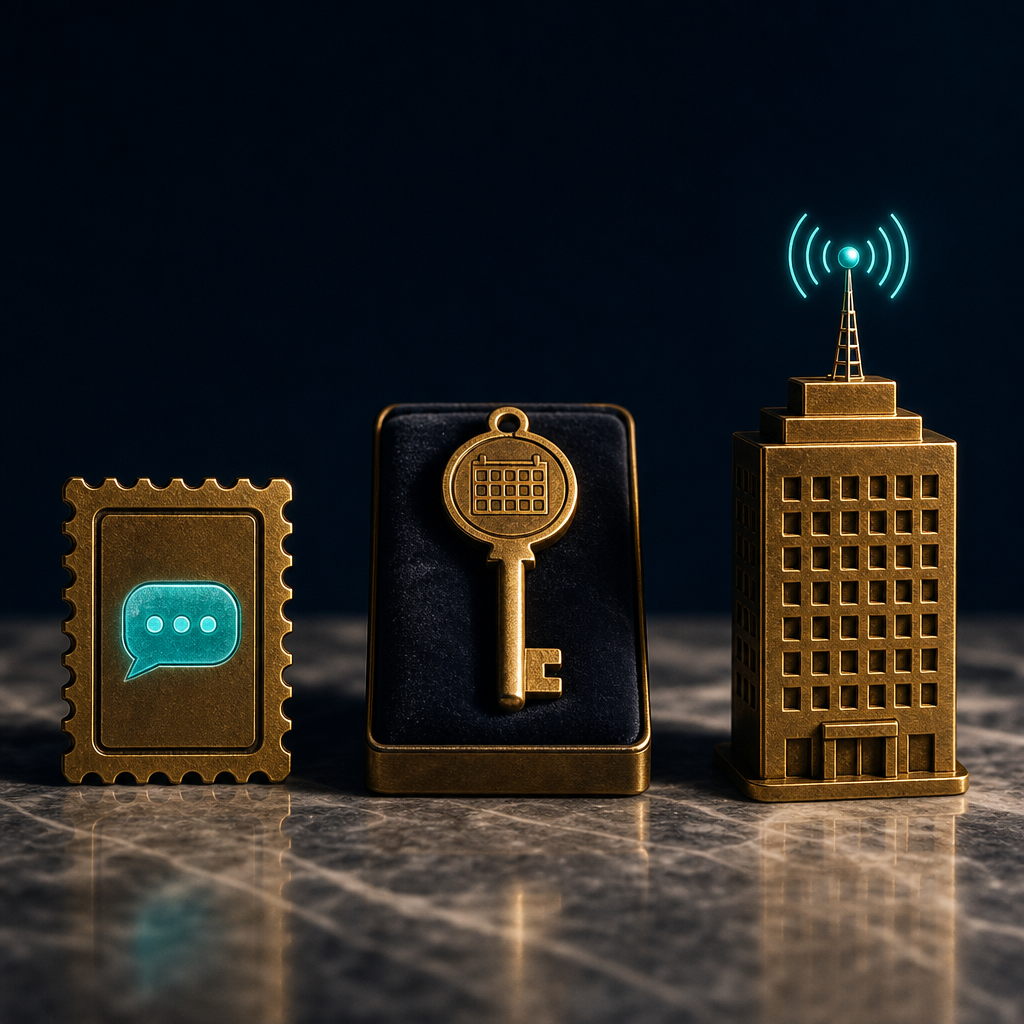 Three brass objects in a row representing per-code stamp, monthly rental key with calendar, and business building plaque