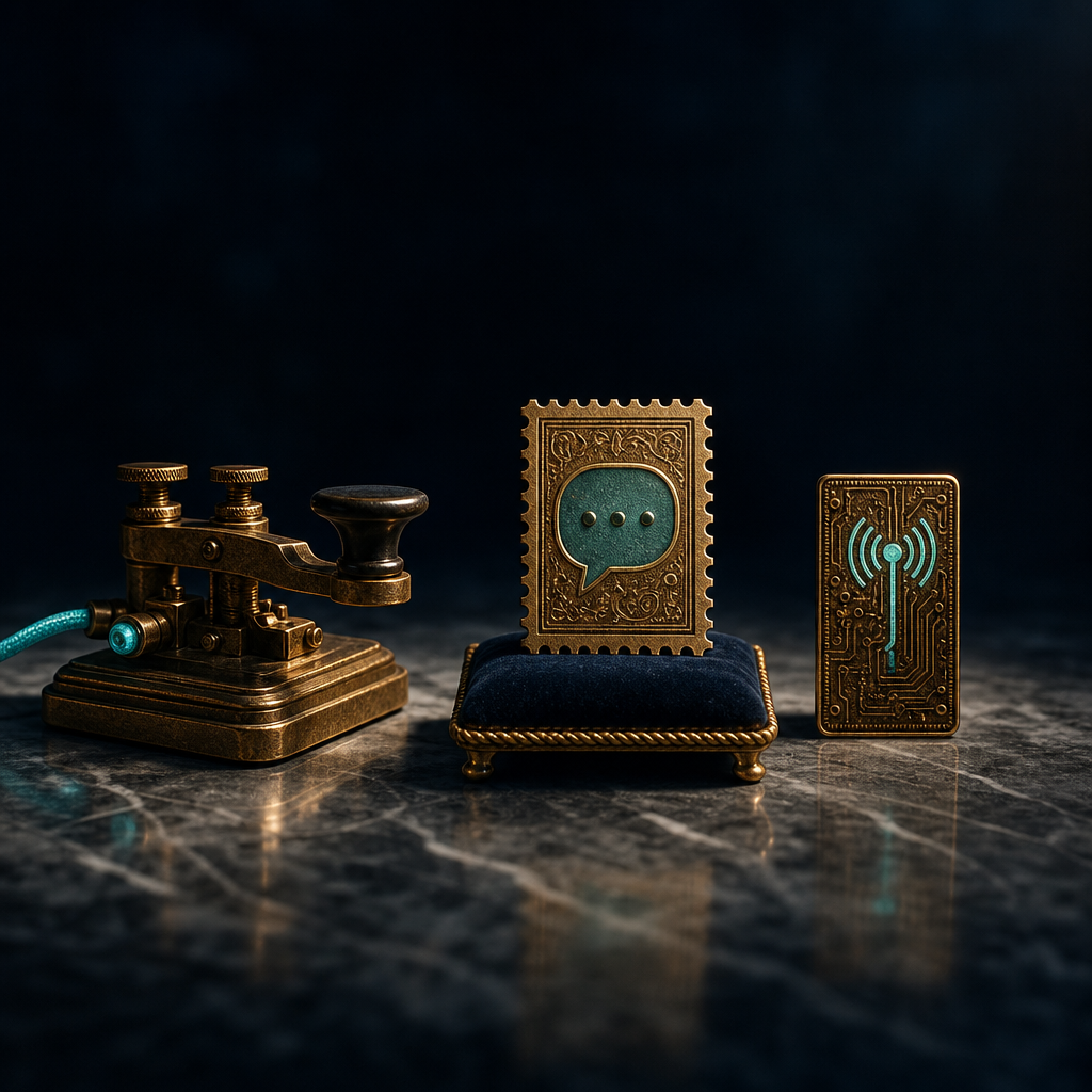 Three brass objects in a row on marble: vintage telegraph key with teal cable for VoIP, brass postage stamp with chat-bubble for virtual number, brass etched circuit card with antenna for eSIM