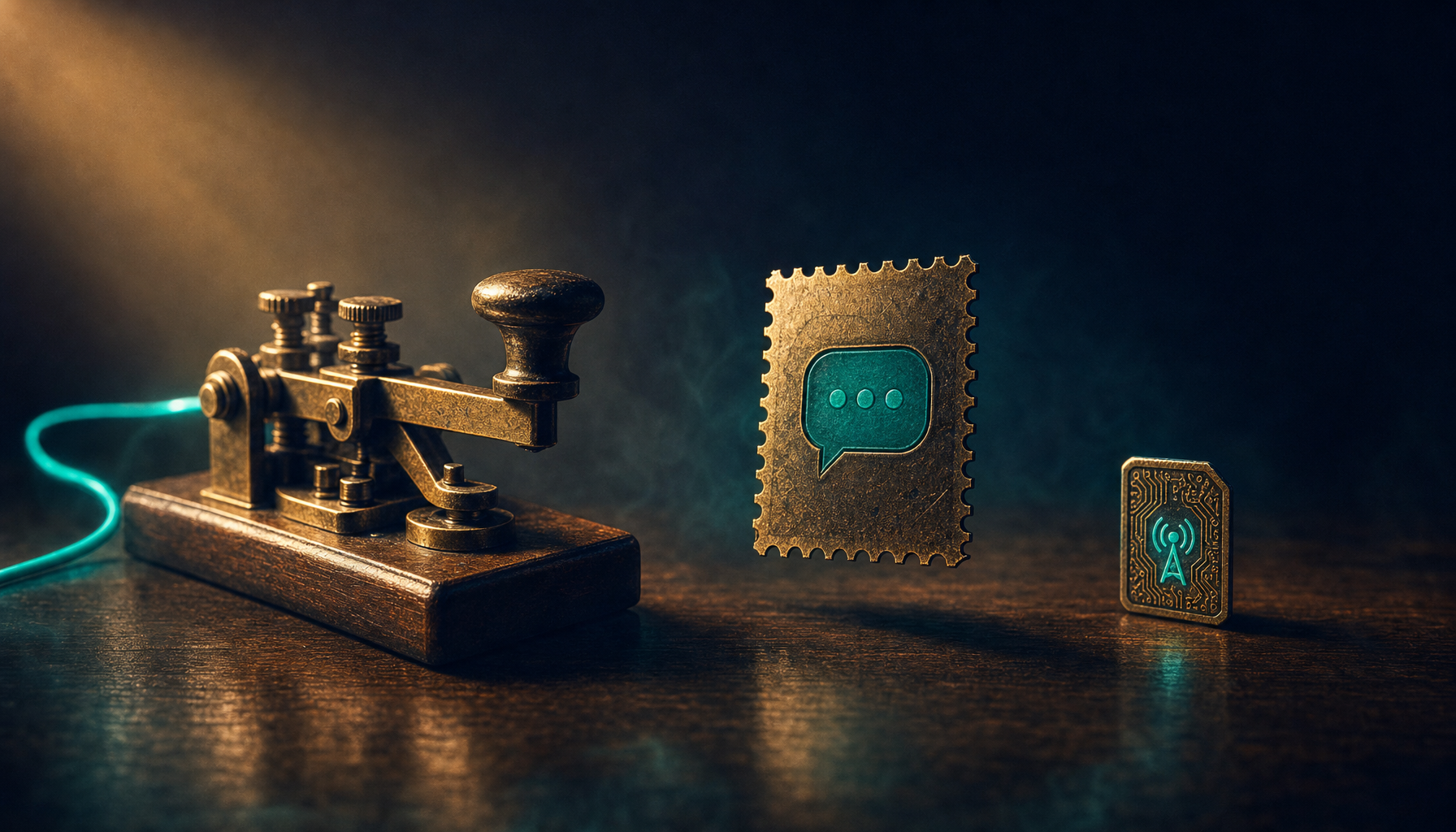 Three vintage brass objects on dark walnut desk: brass telegraph key with teal cable representing VoIP, brass postage stamp with chat-bubble representing virtual number, brass etched circuit card with antenna icon representing eSIM