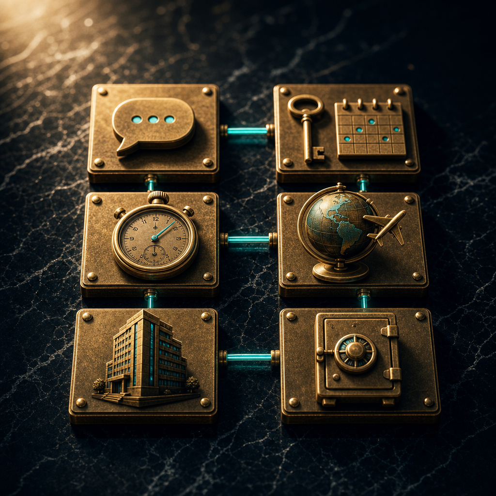 Six brass plaques arranged in a 2x3 grid on black marble representing six use cases: SMS code, monthly key with calendar, lifetime stopwatch, travel globe with airplane, business building, banking safe