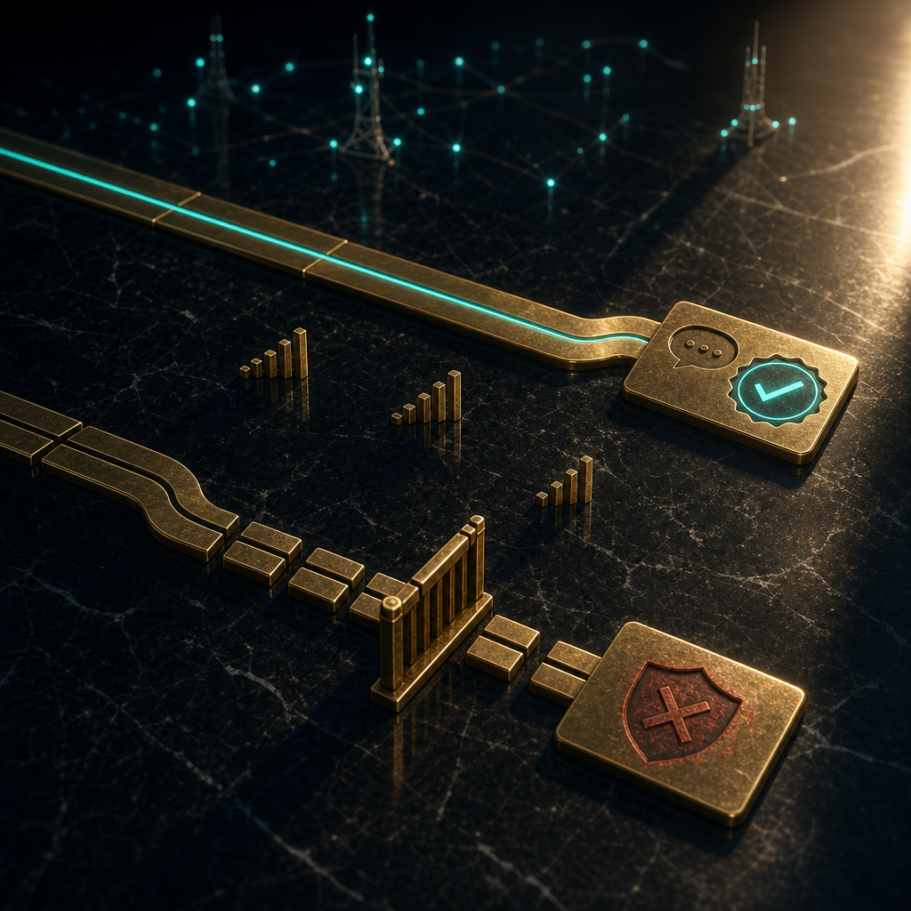 Two parallel brass tracks inlaid in black marble: upper track with teal seal and chat-bubble approval, lower track broken with rust-red warning representing how strict-checking platforms classify VoIP versus non-VoIP routing