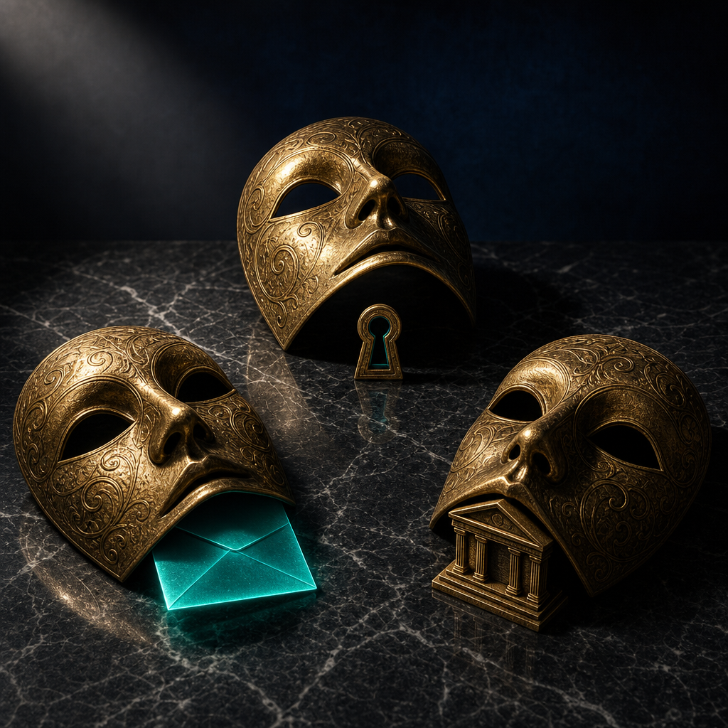 Three vintage brass theatrical masks on black marble in triangular arrangement, each obscuring something different representing what virtual numbers, eSIMs, and VoIP each actually hide and what they leave exposed