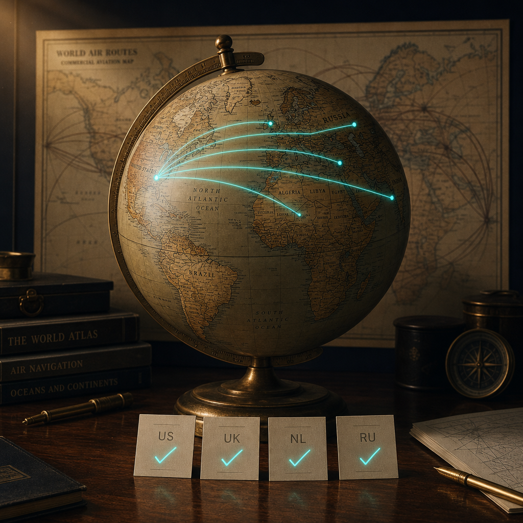 Vintage brass world atlas globe on walnut desk with glowing teal connection lines drawn across the globe linking US to UK Netherlands Russia India and Turkey, four small paper cards stamped with country codes US UK NL RU at the base each with teal checkmarks, paper aviation map behind with curved ink lines