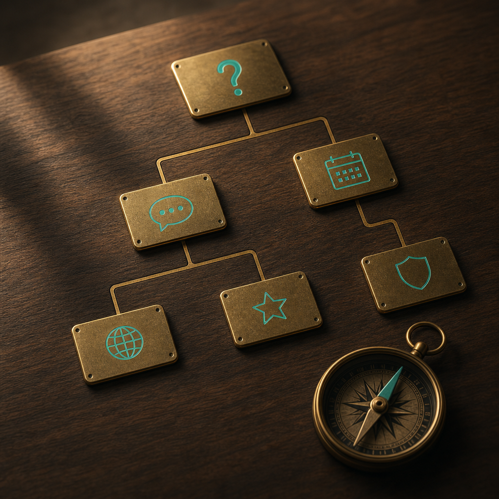 Walnut desk with five brass plaques arranged as multi-branch flowchart connected by warm-bronze inlay tracks, top plaque etched with question mark, two main branches showing SMS speech-bubble for per-code path and calendar icon for kept-line path, three terminal plaques with globe icon for international, star icon for US default, and shield icon for privacy-first, with brass compass needle pointing toward tree center