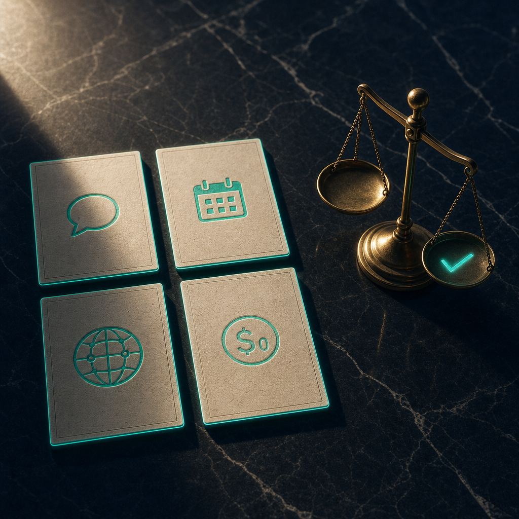 Four small modern paper cards arranged in 2x2 grid on black marble each showing different category icon: SMS speech-bubble for per-code US, calendar icon for monthly kept-line, abstract globe with connection lines for international crypto-paid, faded dollar-zero icon for free baselines, with brass weighing scale beside