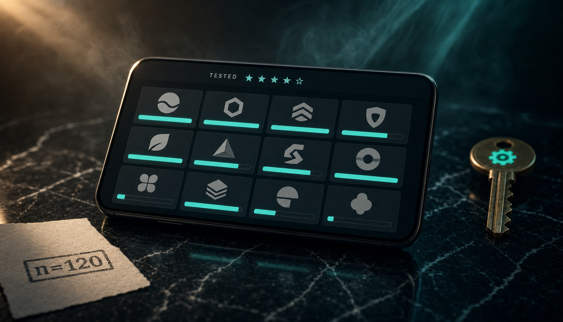 Modern bezel-less smartphone on polished black marble showing comparison-dashboard with 12 service cards in 4-column grid each with abstract logo silhouette and glowing teal pass-rate progress bars of varying lengths, paper card stamped with n=120 beside it and clean modern brass key with teal gear-symbol on opposite side
